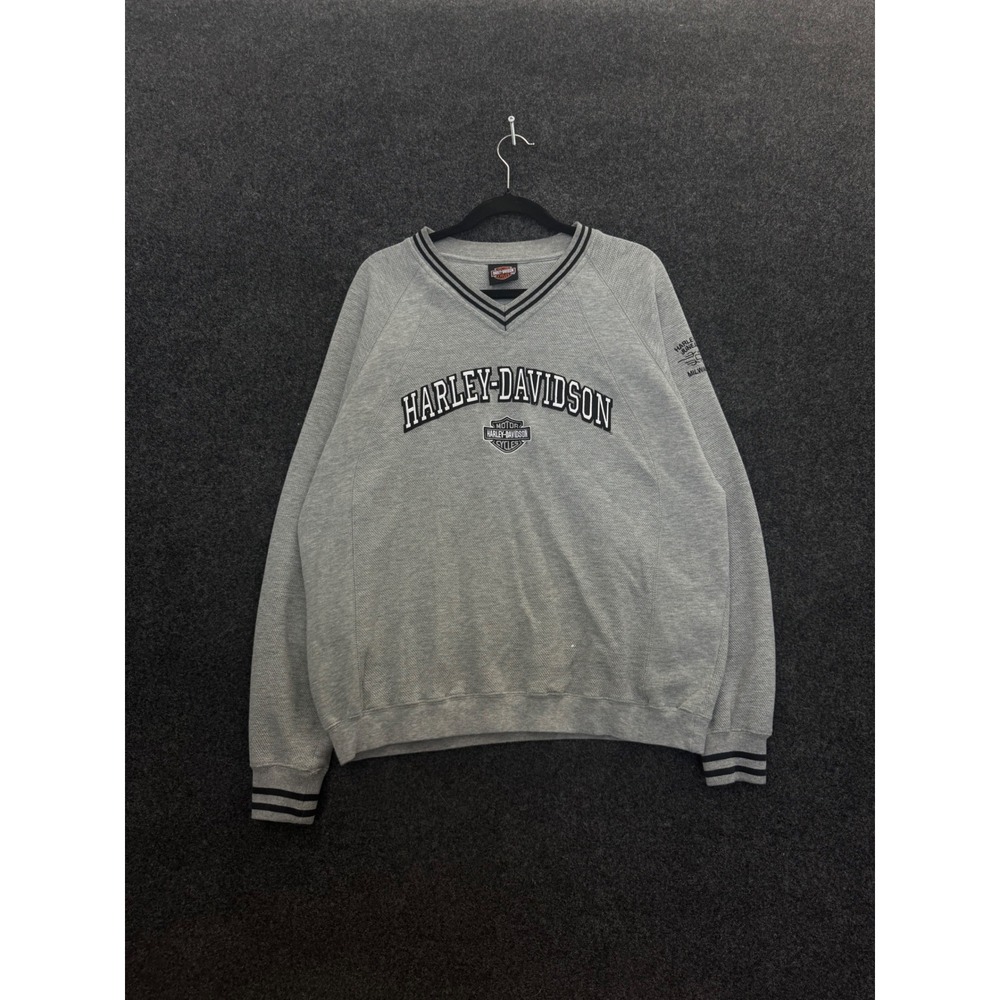 Vintage Harley Davidson Sweatshirt Mens XL Gray V-Neck Waffle Knit Embroidered